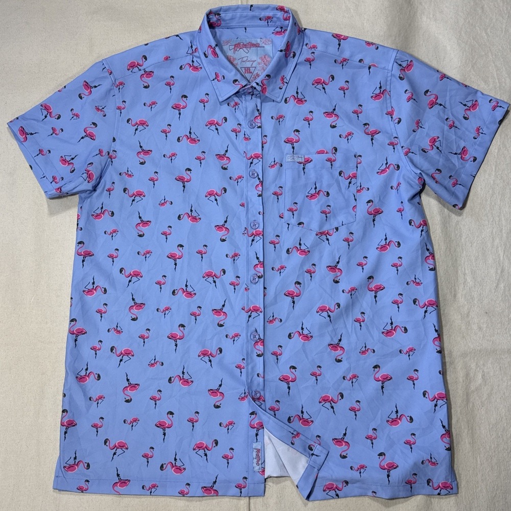 Retro Rifle Tactimingo Shirt Mens XL Blue Flamingo Tactical Novelty Camp Summer